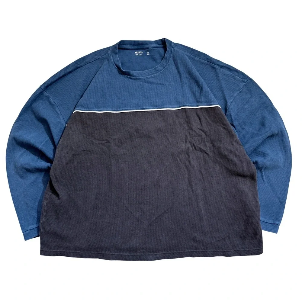 Hollister Mens XXL Blue Grey Colorblock Ribbed Long Sleeve‎ Cotton T-Shirt